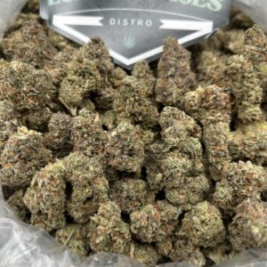 Close-up of Biscotti Paradise cannabis flower with frosty trichomes and purple hues