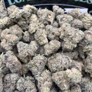 Close-up of Biscotti Smalls cannabis flower with frosty trichomes