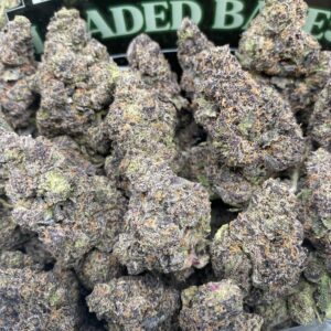Black Runtz cannabis flower – dense purple and green buds with trichomes