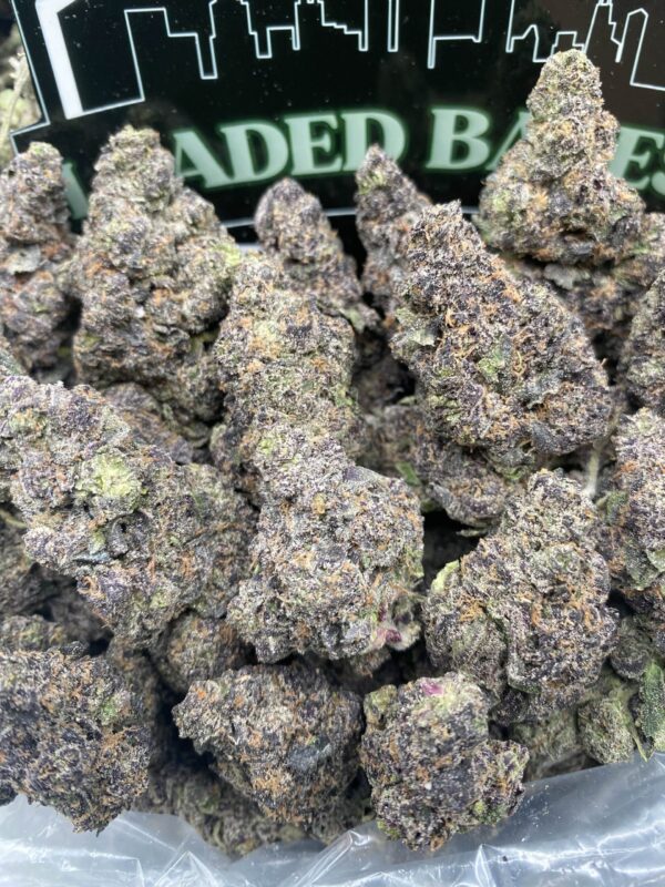 Black Runtz cannabis flower – dense purple and green buds with trichomes