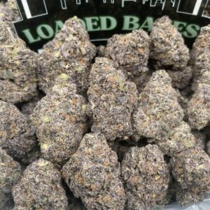 Ghost Runtz hybrid cannabis flower with frosty trichomes and purple-green buds