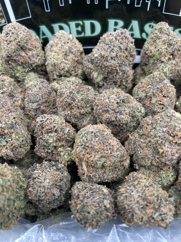 Grape Gelato cannabis flower with dense purple-tinged buds and sparkling trichomes