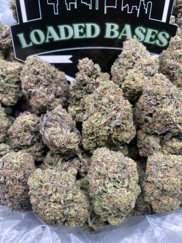 Italian Ice cannabis buds with purple hues and frosty trichomes