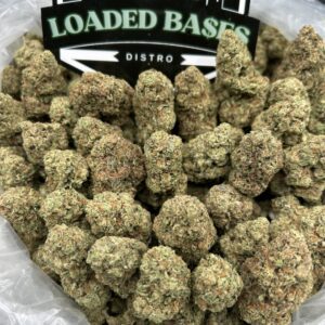 London Cookies hybrid cannabis flower with frosty trichomes and cookie-like aroma