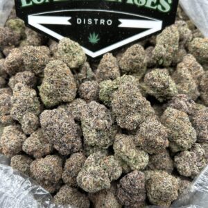 Mochi cannabis flower with frosty trichomes and colorful buds