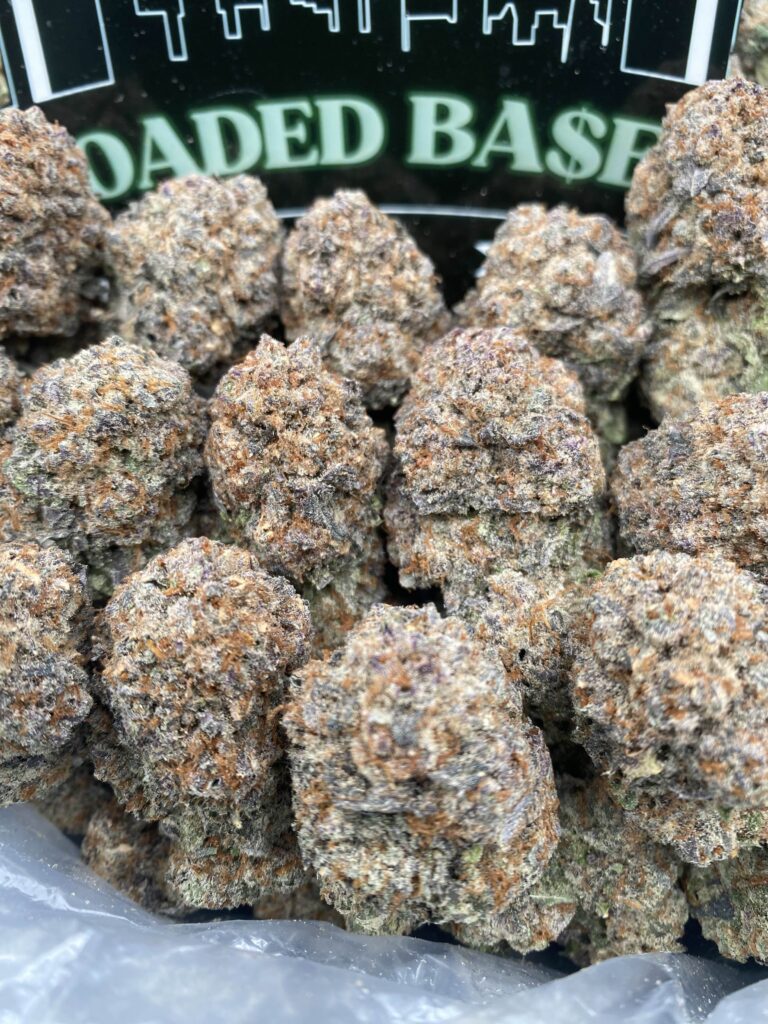 Purple Meteorite cannabis flower with frosty purple buds